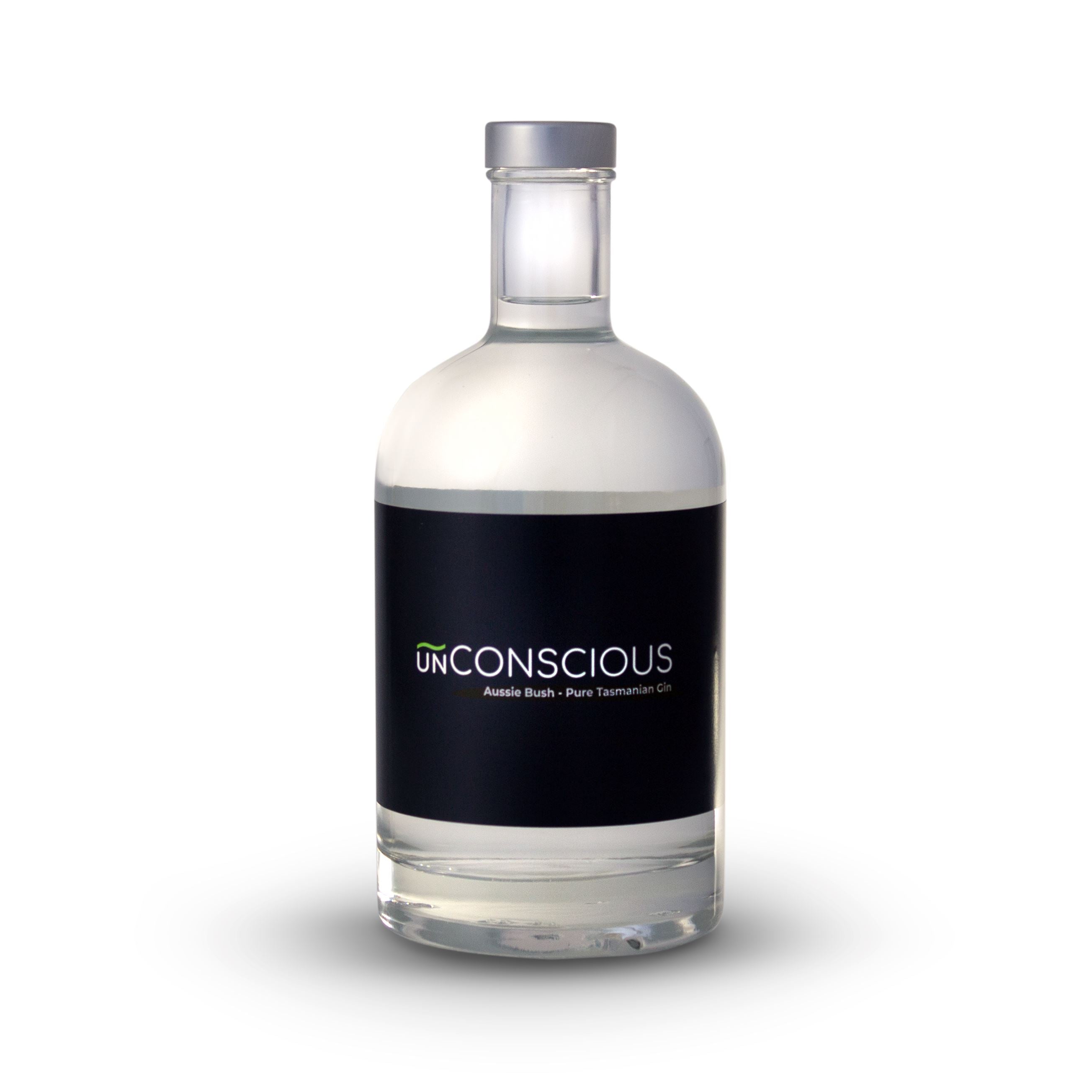 A bottle of Aussie Bush gin on a white background. It is a clear spirit and bottle, with a simple black label that has the logo on it. 
