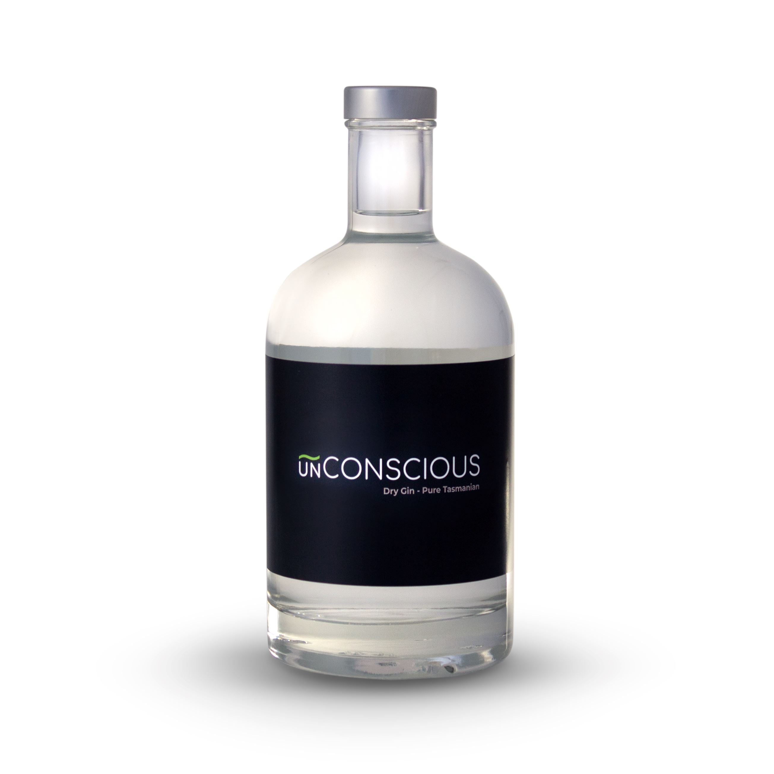 A bottle of Dry gin on a white background. It is a clear spirit and bottle, with a simple black label that has the logo on it. 